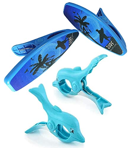 2 Set (4 Ct) Blue Surfboard / Dolphin Beach Towel Clips Jumbo Size for Beach Chair, Cruise Beach Patio, Pool Accessories for Chairs, Household Clip, Baby Stroller