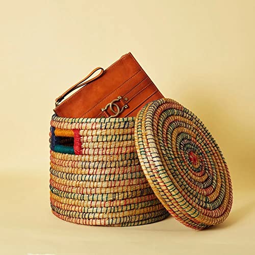 Woven Storage Bangladesh Large Colorful Handwoven Kaisa Jute Basket with Lid