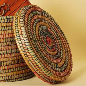 Woven Storage Bangladesh Large Colorful Handwoven Kaisa Jute Basket with Lid