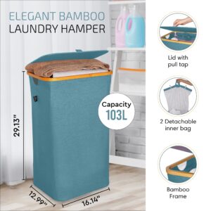 Royal Assad Large Foldable Laundry Basket with lid with 2 removable bags | 103L Clothes Hampers With Lid with Bamboo | For Bedroom, Closet, Dorm Room, Bathroom, Towels | Laundry Basket (Turquoise)