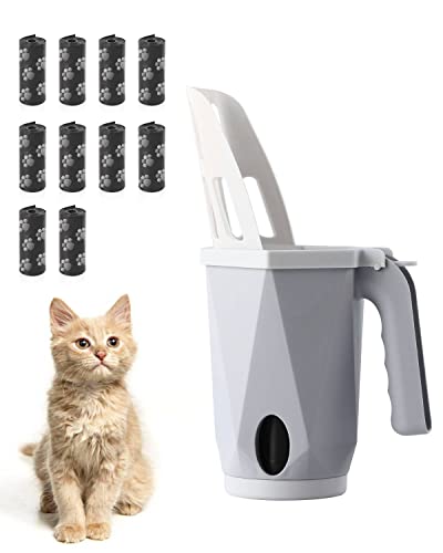 Hooyeatlin 3-in-1 Cat Litter Scoop with Holdor - Small Portable Integrated Cat Litter Scooper with 150 Refill Bags Kitty Litter Scoop Shovel for 1~2 Cats or Kitten (Gray)