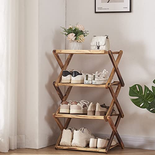 KINBEAR 4-Tier Foldable Storage Shelves,Rack Organizer and Shelving Unit for Small Spaces in Bathroom Kitchen and Pantry,Wood Lacquer Finish