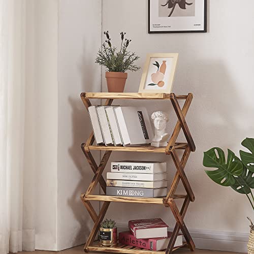 KINBEAR 4-Tier Foldable Storage Shelves,Rack Organizer and Shelving Unit for Small Spaces in Bathroom Kitchen and Pantry,Wood Lacquer Finish