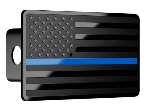 TOEASYTY Blue Line American Flag Metal Trailer Hitch Cover for 2" inch Receivers, Tow Hitch Cover for Trucks Cars SUV (Black with Blue Line)