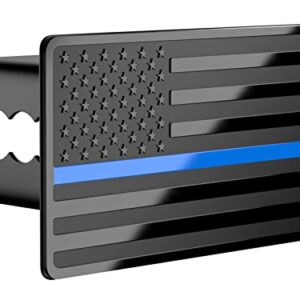 TOEASYTY Blue Line American Flag Metal Trailer Hitch Cover for 2" inch Receivers, Tow Hitch Cover for Trucks Cars SUV (Black with Blue Line)