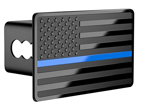 TOEASYTY Blue Line American Flag Metal Trailer Hitch Cover for 2" inch Receivers, Tow Hitch Cover for Trucks Cars SUV (Black with Blue Line)