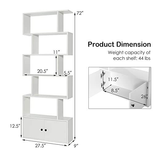 Tangkula S Shaped Bookshelf with Cabinet, 6-Tier Bookcase with Doors, Freestanding Geometric Bookshelves for Living Room, Anti-toppling Device, Home Office Décor Wooden Storage Display Shelf