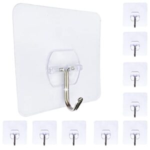 belzo adhesive wall hook, transparent non-marking sticker for hanging,10 pack, heavy duty 22 ibs, waterproof, oilproof for kitchen, washroom, living room, office