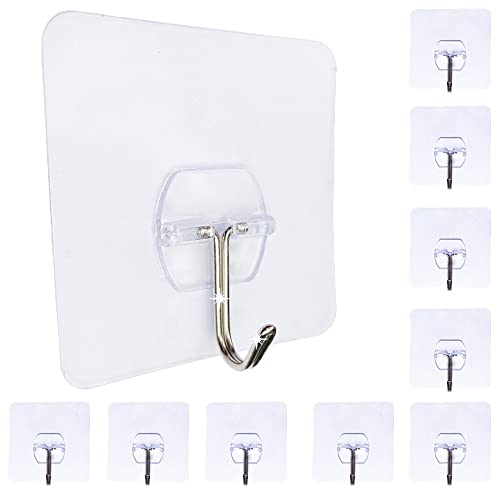 belzo Adhesive Wall Hook, Transparent Non-Marking Sticker for Hanging,10 Pack, Heavy Duty 22 Ibs, Waterproof, Oilproof for Kitchen, Washroom, Living Room, Office