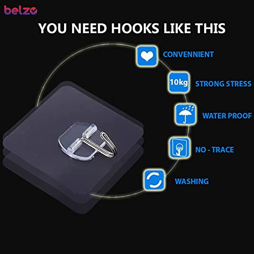 belzo Adhesive Wall Hook, Transparent Non-Marking Sticker for Hanging,10 Pack, Heavy Duty 22 Ibs, Waterproof, Oilproof for Kitchen, Washroom, Living Room, Office