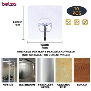 belzo Adhesive Wall Hook, Transparent Non-Marking Sticker for Hanging,10 Pack, Heavy Duty 22 Ibs, Waterproof, Oilproof for Kitchen, Washroom, Living Room, Office