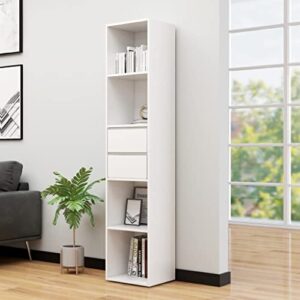 golinpeilo wooden book cabinet with 4 open shelves and 2 drawers, modern bookshelf for living room, white 14.2"x11.8"x67.3" engineered wood