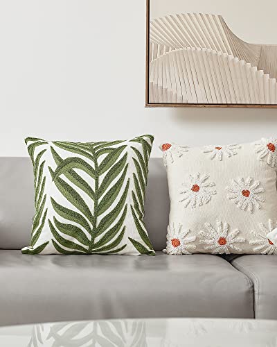 Summoning Green Leaf Throw Pillow Covers 18x18, Plant Embroidered Pillows Decorative Throw Pillows for Couch Bed Sofa Bedroom (Pack of 1)