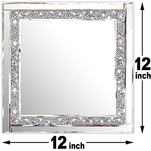 Meetart Crystal Crush Diamond Silver Mirror 12'' x 12'' 2PCS,Frameless Stylish Gorgeous Diamond Decor Glam Glass Mirror. for Bedroom Bathroom Hanging Mirror Home for Wall Decor.