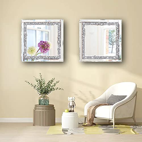 Meetart Crystal Crush Diamond Silver Mirror 12'' x 12'' 2PCS,Frameless Stylish Gorgeous Diamond Decor Glam Glass Mirror. for Bedroom Bathroom Hanging Mirror Home for Wall Decor.