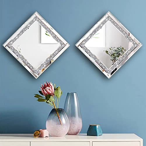 Meetart Crystal Crush Diamond Silver Mirror 12'' x 12'' 2PCS,Frameless Stylish Gorgeous Diamond Decor Glam Glass Mirror. for Bedroom Bathroom Hanging Mirror Home for Wall Decor.