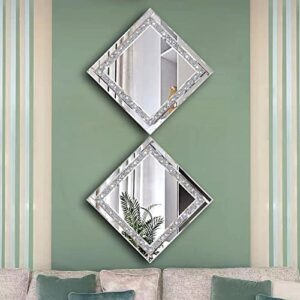 Meetart Crystal Crush Diamond Silver Mirror 12'' x 12'' 2PCS,Frameless Stylish Gorgeous Diamond Decor Glam Glass Mirror. for Bedroom Bathroom Hanging Mirror Home for Wall Decor.