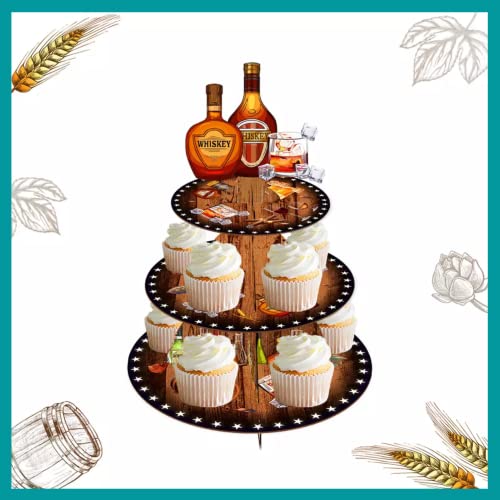 3 Tier Cupcake Stand - Perfect for Men's Birthday Football Parties, Superbowl Party, and Milestone Birthdays - Whisky/Beer Design - Birthday Party Supplies and Decorations (Whisky/Beer)