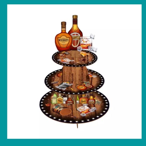 3 Tier Cupcake Stand - Perfect for Men's Birthday Football Parties, Superbowl Party, and Milestone Birthdays - Whisky/Beer Design - Birthday Party Supplies and Decorations (Whisky/Beer)