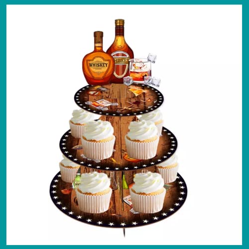 3 Tier Cupcake Stand - Perfect for Men's Birthday Football Parties, Superbowl Party, and Milestone Birthdays - Whisky/Beer Design - Birthday Party Supplies and Decorations (Whisky/Beer)