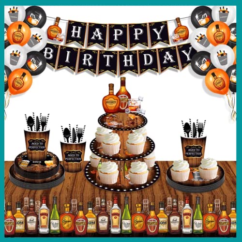 3 Tier Cupcake Stand - Perfect for Men's Birthday Football Parties, Superbowl Party, and Milestone Birthdays - Whisky/Beer Design - Birthday Party Supplies and Decorations (Whisky/Beer)