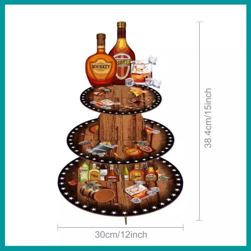 3 Tier Cupcake Stand - Perfect for Men's Birthday Football Parties, Superbowl Party, and Milestone Birthdays - Whisky/Beer Design - Birthday Party Supplies and Decorations (Whisky/Beer)