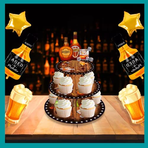 3 Tier Cupcake Stand - Perfect for Men's Birthday Football Parties, Superbowl Party, and Milestone Birthdays - Whisky/Beer Design - Birthday Party Supplies and Decorations (Whisky/Beer)