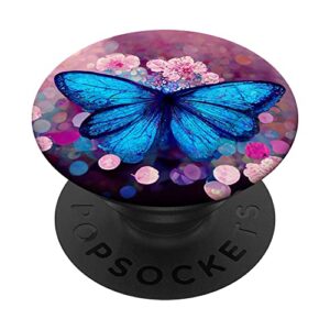 colorful watercolor blue butterfly with pink flowers popsockets swappable popgrip