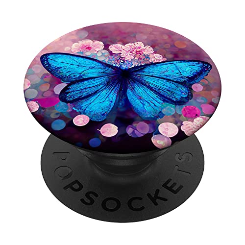 Colorful Watercolor Blue butterfly with pink flowers PopSockets Swappable PopGrip