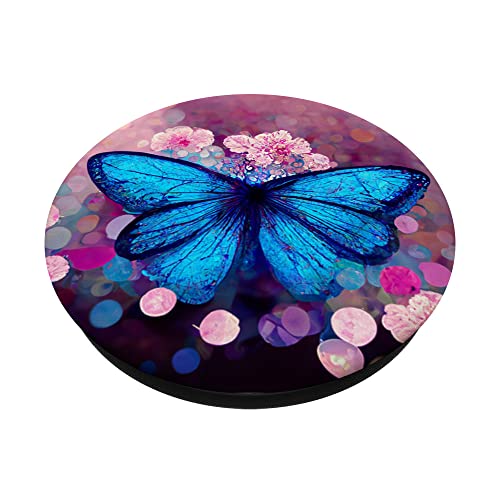 Colorful Watercolor Blue butterfly with pink flowers PopSockets Swappable PopGrip