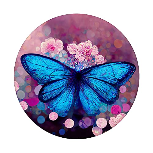 Colorful Watercolor Blue butterfly with pink flowers PopSockets Swappable PopGrip