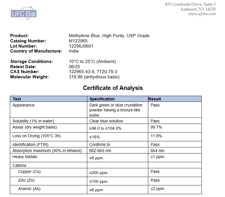 Methylene Blue Powder - USP Grade, 99+% - 3rd Party Tested - 1 Gram