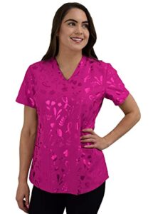 womens medical nursing foil printed scrub uniform top zinnia-bc ribbon floral - magenta-large