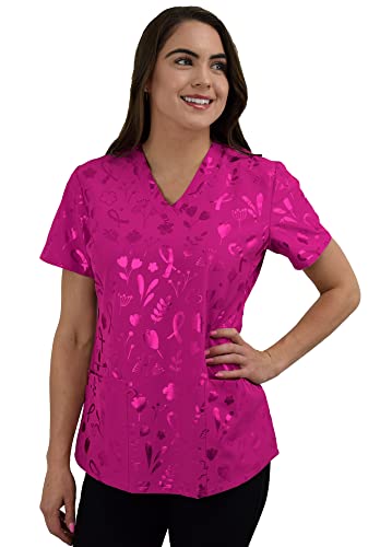 Womens Medical Nursing Foil Printed Scrub Uniform Top Zinnia-BC Ribbon Floral - Magenta-Large