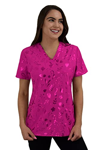 Womens Medical Nursing Foil Printed Scrub Uniform Top Zinnia-BC Ribbon Floral - Magenta-Large