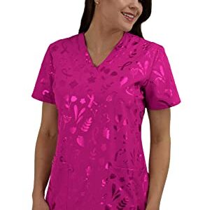 Womens Medical Nursing Foil Printed Scrub Uniform Top Zinnia-BC Ribbon Floral - Magenta-Large