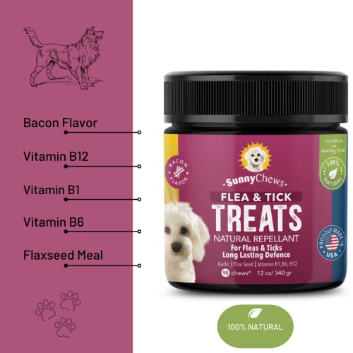 SUNNYCHEWS Flea and Tick Prevention for Dogs| Dog Flea & Tick Control Chewable| Dog Flea Treatment with Bacon Flavor| Natural Flea and Tick for Dogs| Dog Flea with Hemp, Garlic, Flaxseed, 12oz 90 chew