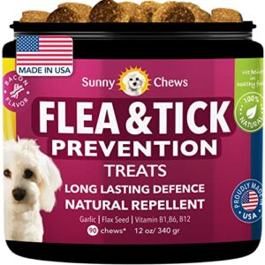 sunnychews flea and tick prevention for dogs| dog flea & tick control chewable| dog flea treatment with bacon flavor| natural flea and tick for dogs| dog flea with hemp, garlic, flaxseed, 12oz 90 chew