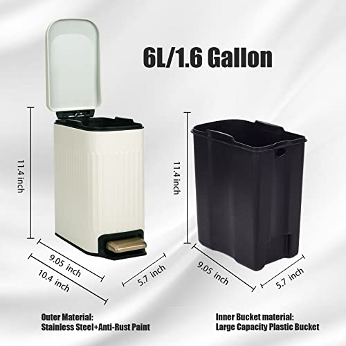 Small Bathroom Trash Can with Lid Soft Close-6L/1.6 Gal Slim Step Garbage Can-Metal Pedal Wastebasket-Narrow Rectangle Garbage Container Bin for Corner Office, Bedroom, Toilet, Live Room, Beige