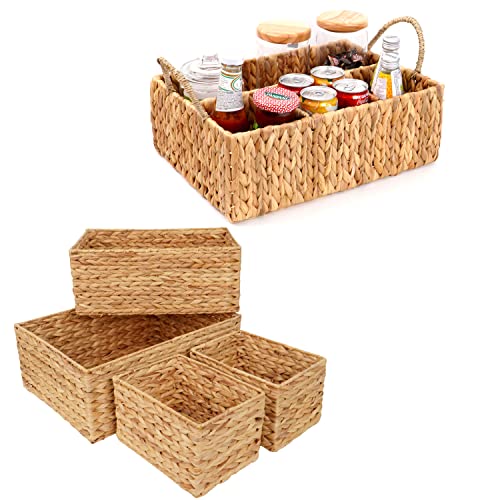 Rectangle Water Hyacinth Storage Baskets Set Of 4 and Wicker Divided Storage Basket Woven Natural Basket Hyacinth