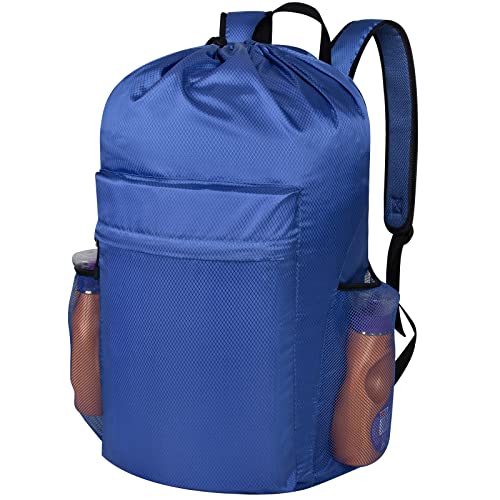 Backpack Laundry Bag with Adjustable Padded Shoulder Straps, Drawstring Closure and Multi Pockets, Durable Laundry Backpack for Laundromat, College, Travel, Camp, Apartment (Blue)