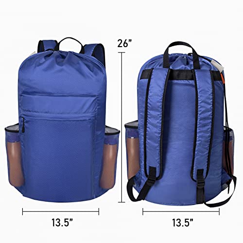 Backpack Laundry Bag with Adjustable Padded Shoulder Straps, Drawstring Closure and Multi Pockets, Durable Laundry Backpack for Laundromat, College, Travel, Camp, Apartment (Blue)