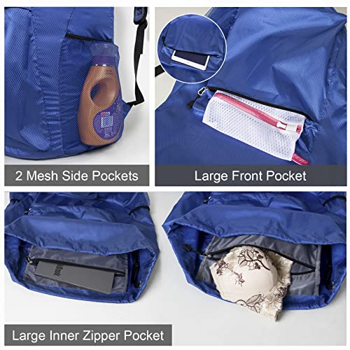 Backpack Laundry Bag with Adjustable Padded Shoulder Straps, Drawstring Closure and Multi Pockets, Durable Laundry Backpack for Laundromat, College, Travel, Camp, Apartment (Blue)