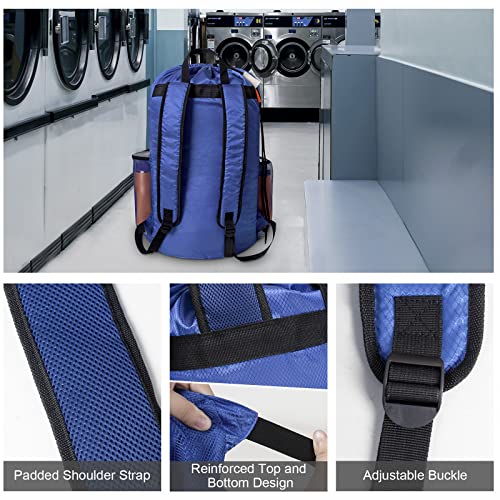 Backpack Laundry Bag with Adjustable Padded Shoulder Straps, Drawstring Closure and Multi Pockets, Durable Laundry Backpack for Laundromat, College, Travel, Camp, Apartment (Blue)