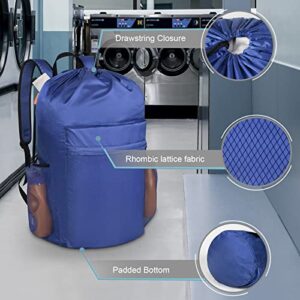 Backpack Laundry Bag with Adjustable Padded Shoulder Straps, Drawstring Closure and Multi Pockets, Durable Laundry Backpack for Laundromat, College, Travel, Camp, Apartment (Blue)