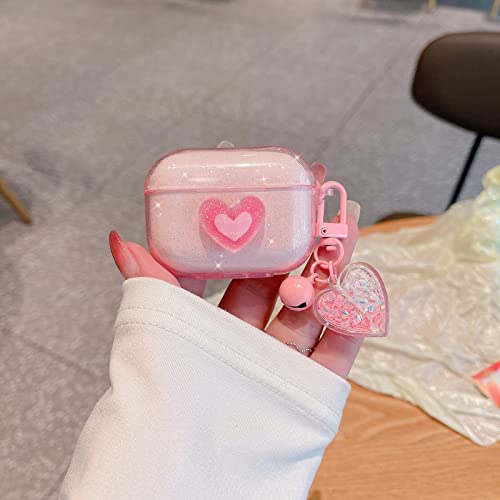 Ownest Compatible for AirPods Case, Cute 3D Heart Clear TPU Shockproof Cover Case Glitter with Bell Keychain for Women Girls for Airpods Pro-Pink