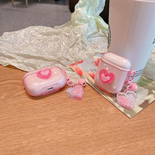 Ownest Compatible for AirPods Case, Cute 3D Heart Clear TPU Shockproof Cover Case Glitter with Bell Keychain for Women Girls for Airpods Pro-Pink