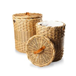 The Basket Lady Round Wicker Laundry Hamper, Large, 19 in Dia x 25 in H, Sandstone