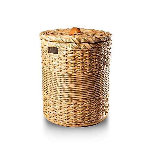 The Basket Lady Round Wicker Laundry Hamper, Large, 19 in Dia x 25 in H, Sandstone