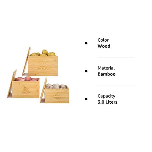 G.a HOMEFAVOR Potato and Onion Storage Bamboo Bin, 3 Piece Garlic Potato Onion Container, Potato Storage Vegetable Keeper, Bamboo Produce Box Sets For Kitchen Counter